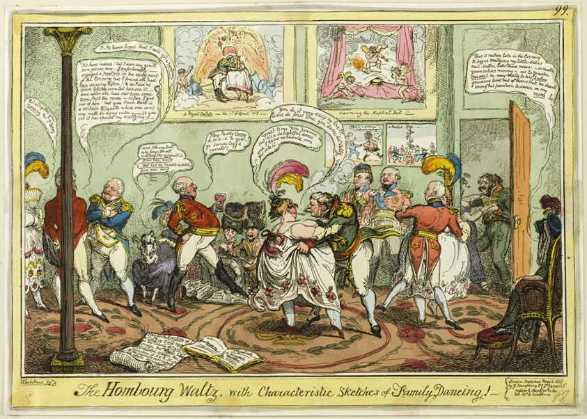 Hand-colored etching of a crowded Regency ballroom where fashionably dressed couples dance the waltz while onlookers observe and gesture.
