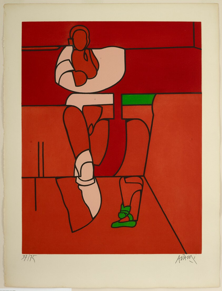 Abstract figure in bold black lines and flesh tones, fragmented across red and orange geometric planes, one arm raised in dynamic posture.