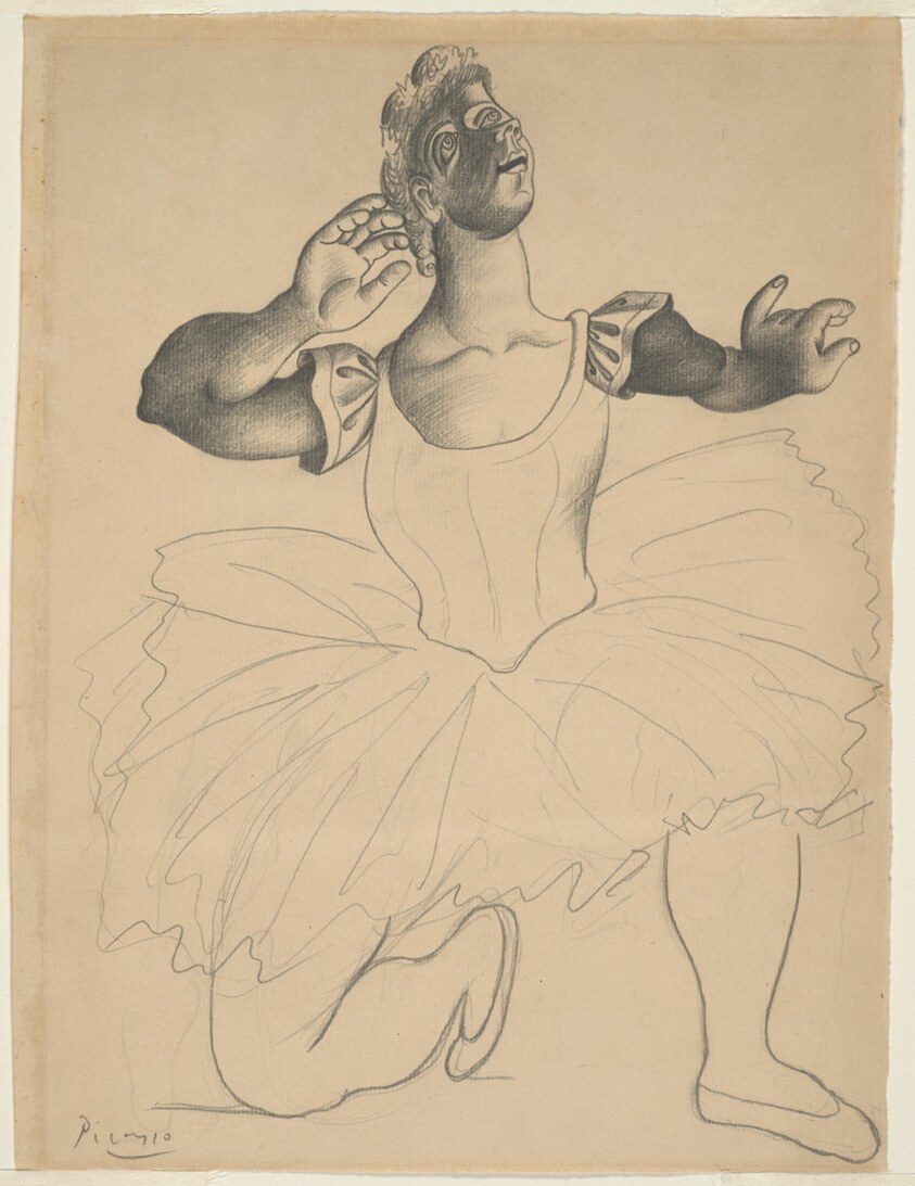 Graphite sketch of a dancer in a wide stance, arms raised and extended, head thrown back, wearing a fitted bodice and full skirt.