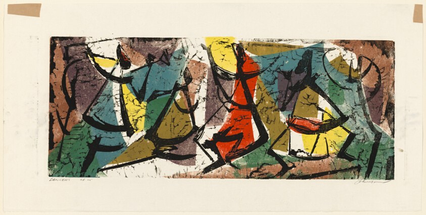 Four abstract dancers in geometric colored forms and bold outlines, in dynamic asymmetrical poses across a compressed space.