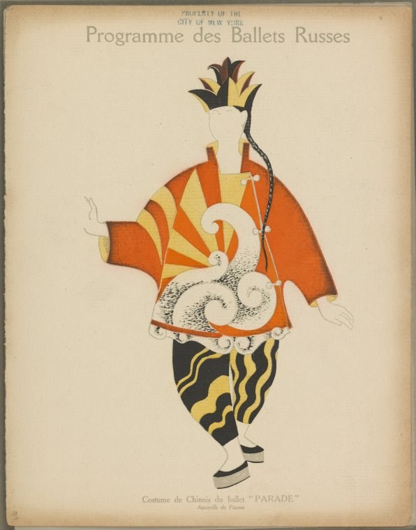 Costume design for a figure in an orange robe with geometric patterns, black striped leggings, and an elaborate black and gold headdress, standing in a formal