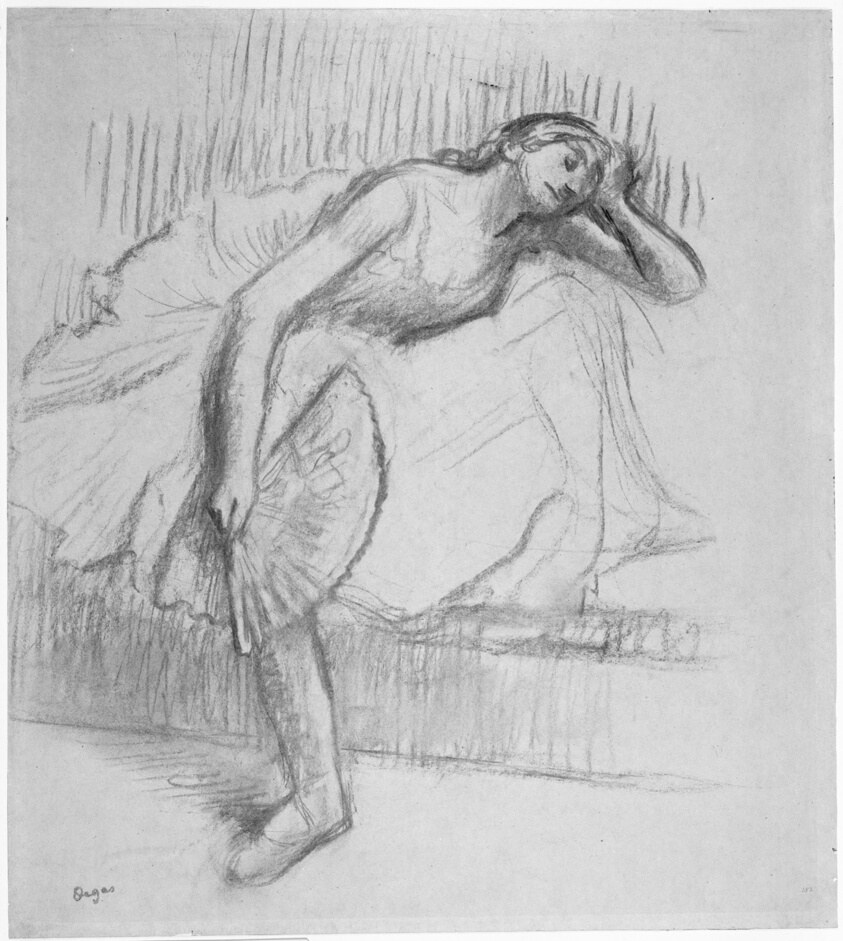 Charcoal drawing of a reclining woman in a gossamer garment, holding a fan near her face, resting on a cushioned seat.