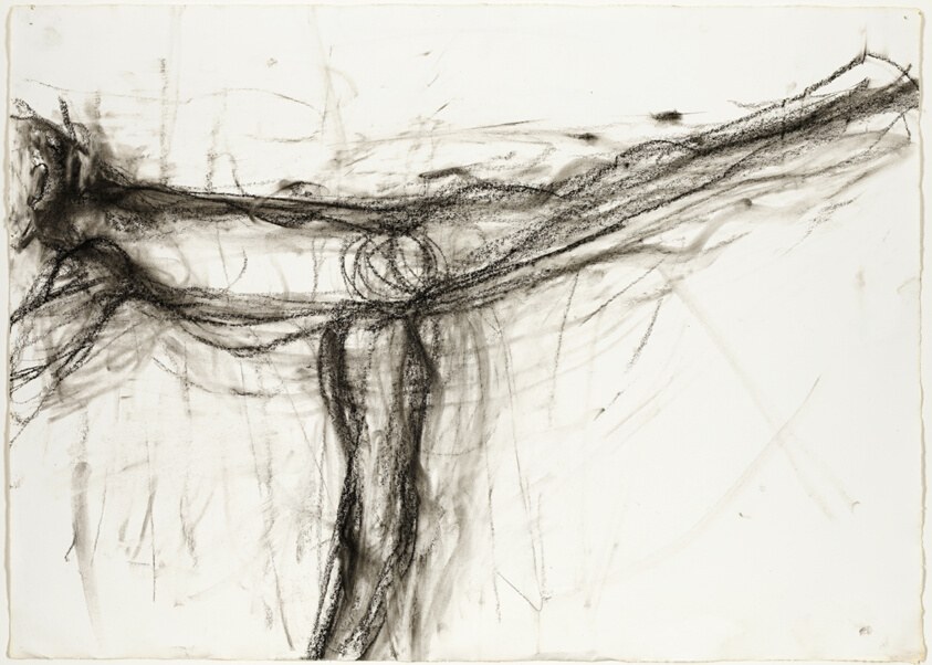 Charcoal drawing of a dancer in a horizontal leap with deep back arch, arms extended, captured mid-arabesque.