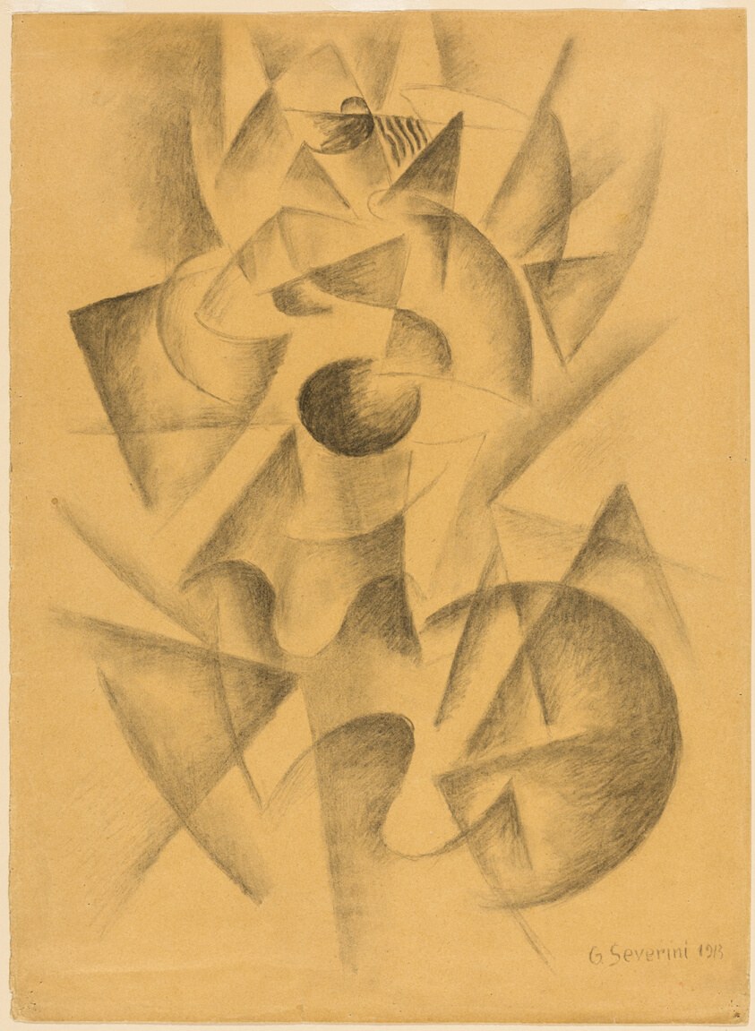 Charcoal drawing of a fragmented, twisting human figure rendered in overlapping geometric planes, with a small insect above.
