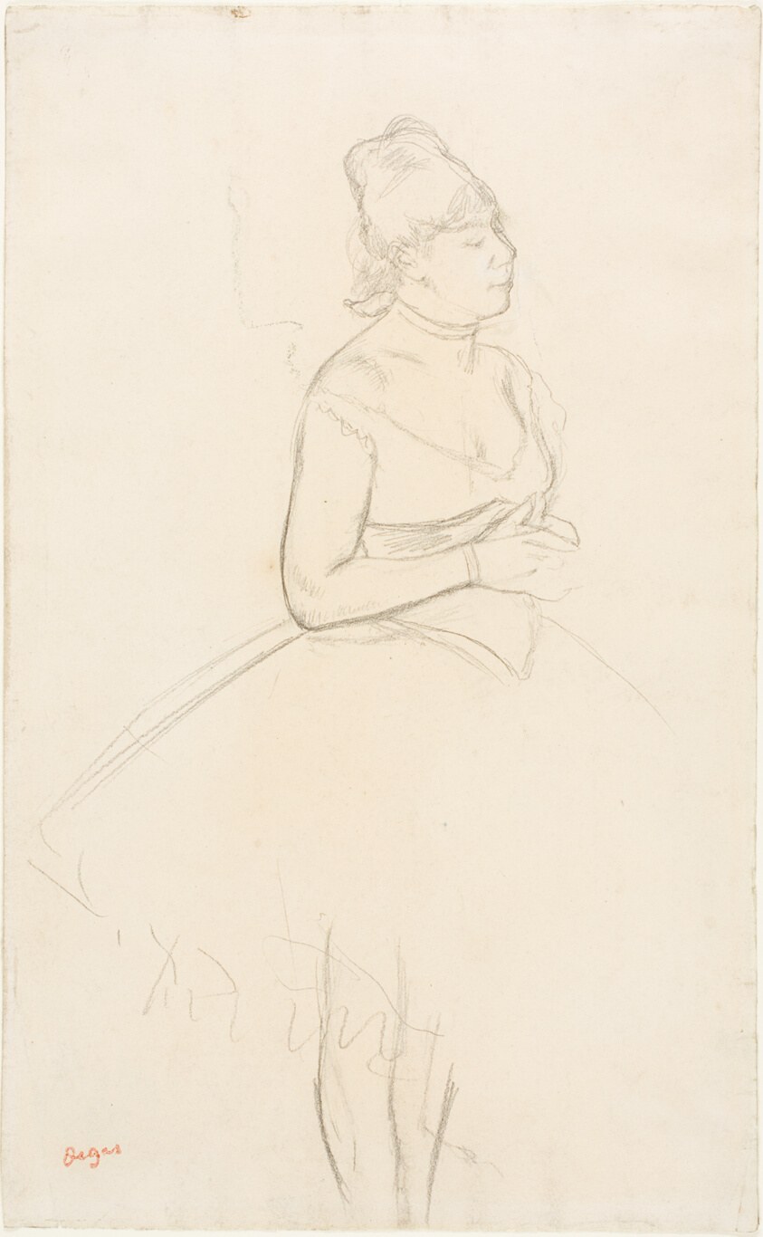 Seated female ballet dancer in sleeveless bodice and short skirt, resting in profile, graphite drawing.