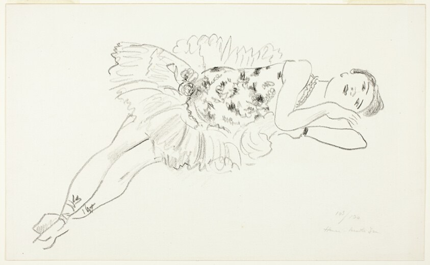 Lithograph of a female dancer in an ornate ruffled costume, reclining with her head tilted back and body relaxed.