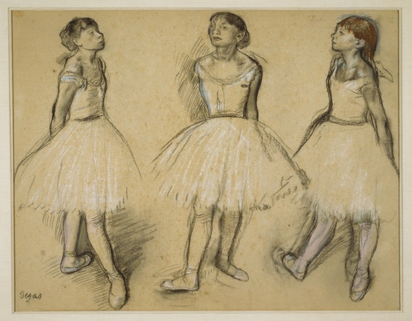 Three young female ballet dancers in practice tutus shown in classical fourth position, rendered in charcoal and pastel on tan paper.
