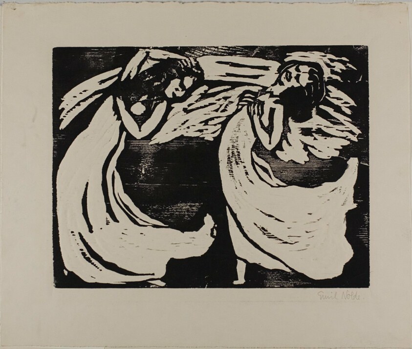Two female figures in flowing drapery swirl and bend in ecstatic gesture against a black ground, rendered in bold woodcut lines.