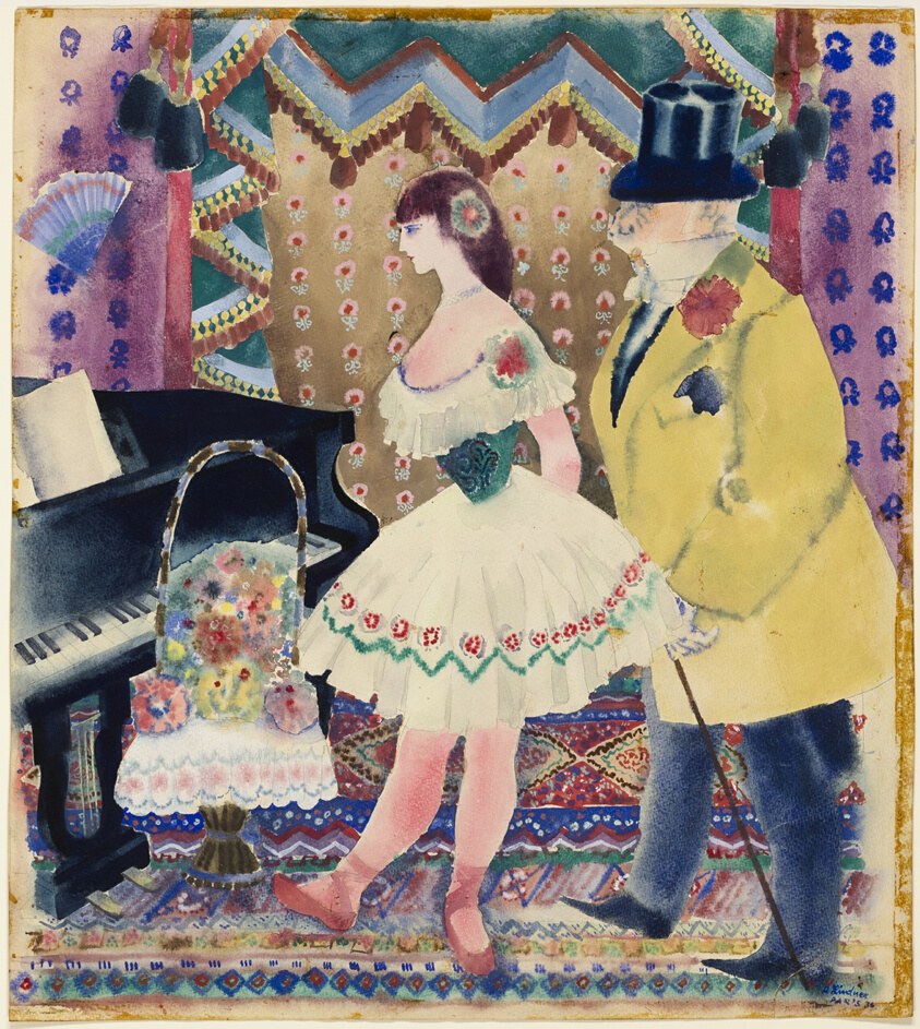 A gentleman in a yellow coat watches a ballerina in a white tutu with embroidered hem, posed in classical ballet attitude in an ornate, patterned interior.