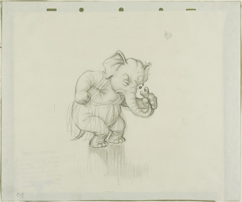 Charcoal drawing of a rotund elephant in a tutu leaning back with trunk curved upward in a classical ballet arabesque pose.