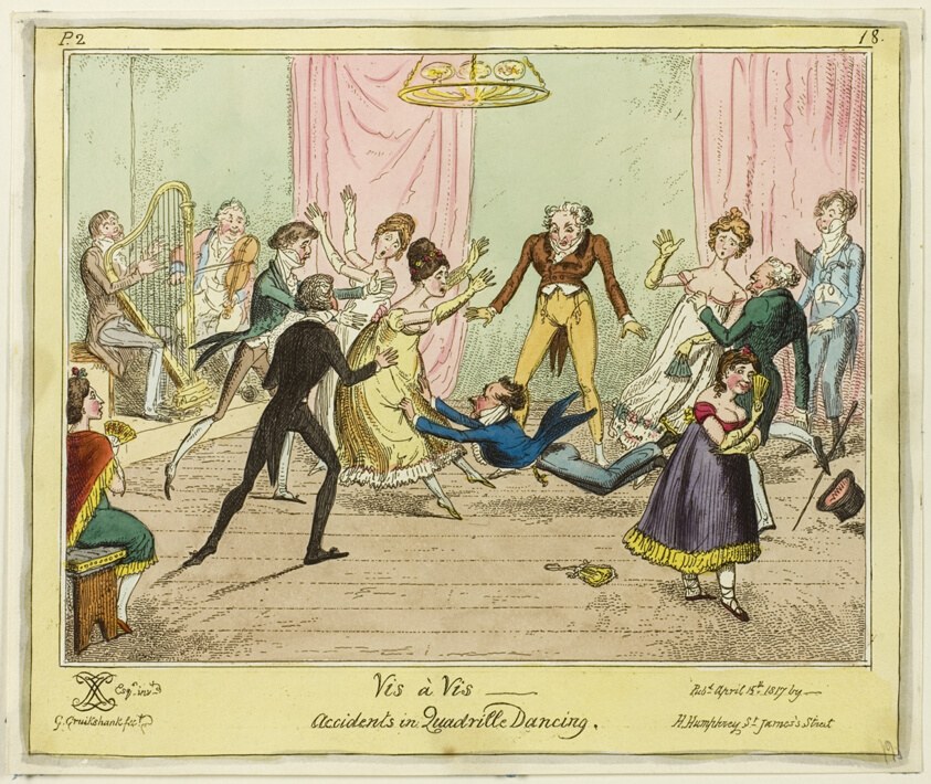 Colored etching showing couples falling during a formal quadrille dance in a ballroom, onlookers in shock, harpist still playing.