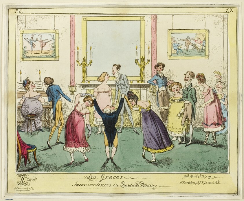 Regency-era ballroom scene showing couples performing a quadrille while a woman's skirt lifts mid-dance, with spectators watching in a grand decorated drawing