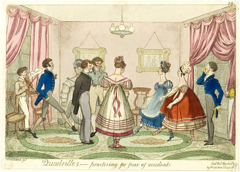 Eight people in Regency dress practice quadrille in a ballroom, their rigid postures and anxious faces suggesting imminent collision.