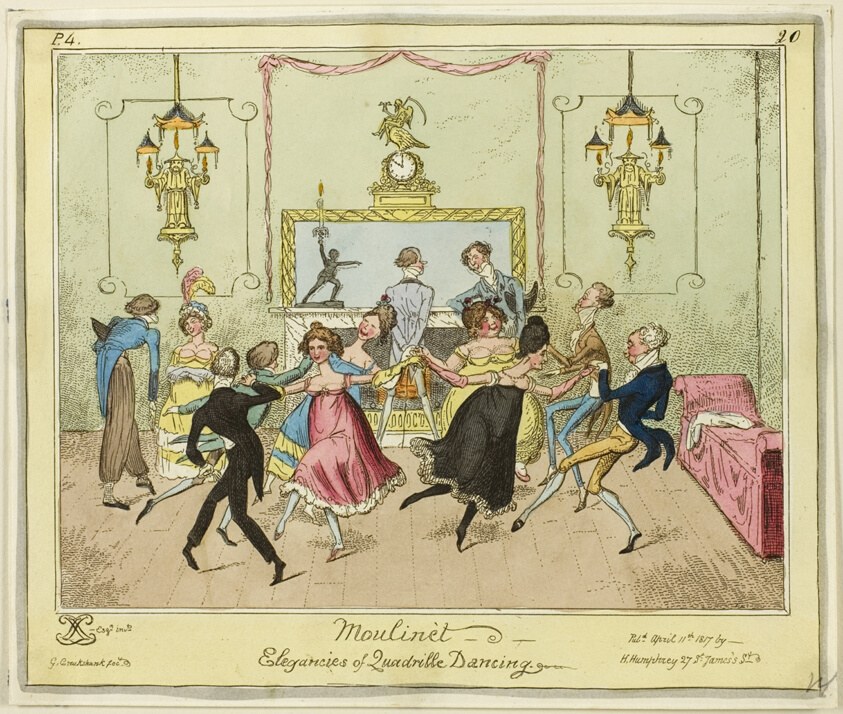 Hand-colored etching of Regency-era couples executing an exaggerated quadrille moulinet in a formal ballroom, bodies arched and tilted in comic rotation.