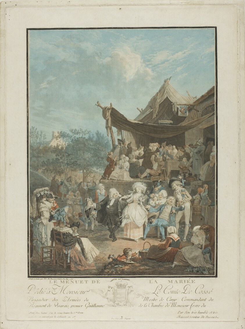 Outdoor 18th-century wedding celebration with a formal couple performing a minuet beneath a striped pavilion, surrounded by elaborately dressed guests.