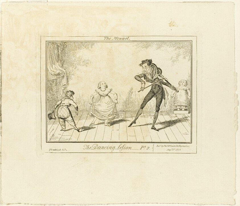 A dancing master demonstrates minuet posture to two male pupils and a waiting female student in a formal interior, rendered as satirical etching.