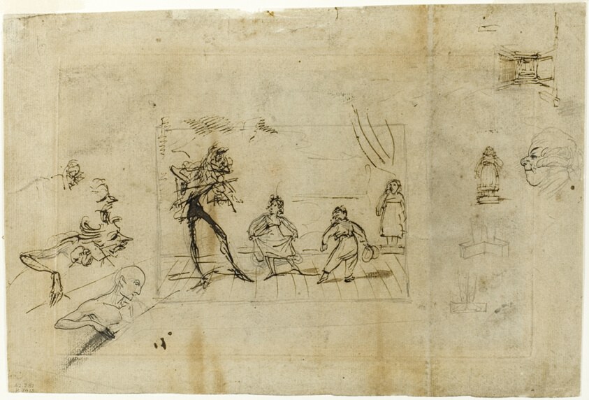Pen and ink sketch showing five figures in a line demonstrating minuet steps, with marginal studies including heads and a crouching figure.