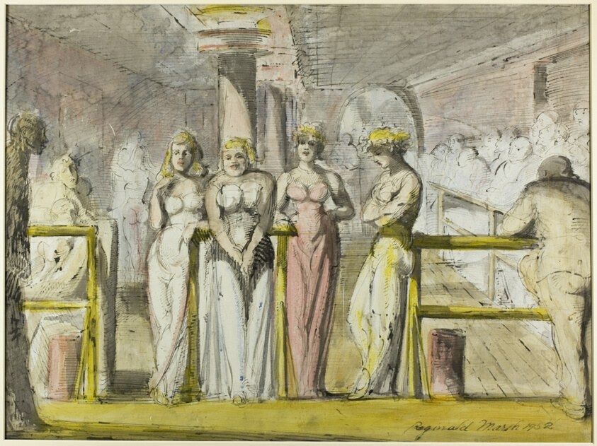 Five semi-nude women with flower crowns stand in a line in a crowded interior, watched intently by male patrons behind them. Ink and watercolor sketch.