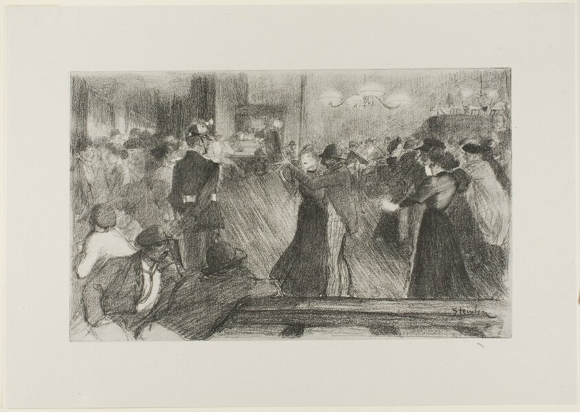 Crowded ballroom scene with couples in evening dress dancing the waltz, rendered in soft graphite as a photolithograph.