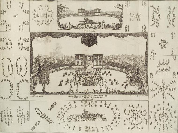 Engraving of a horse ballet showing a formal arena with mounted riders in geometric formation, surrounded by eight diagrams of different riding patterns.