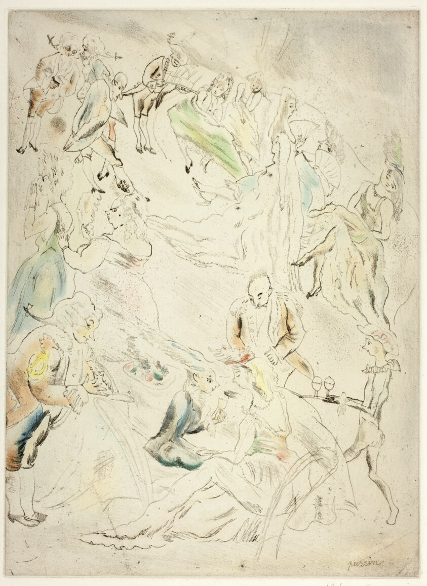 A crowded ballroom scene in soft ground etching with color wash; couples in evening dress dance and converse among other figures.