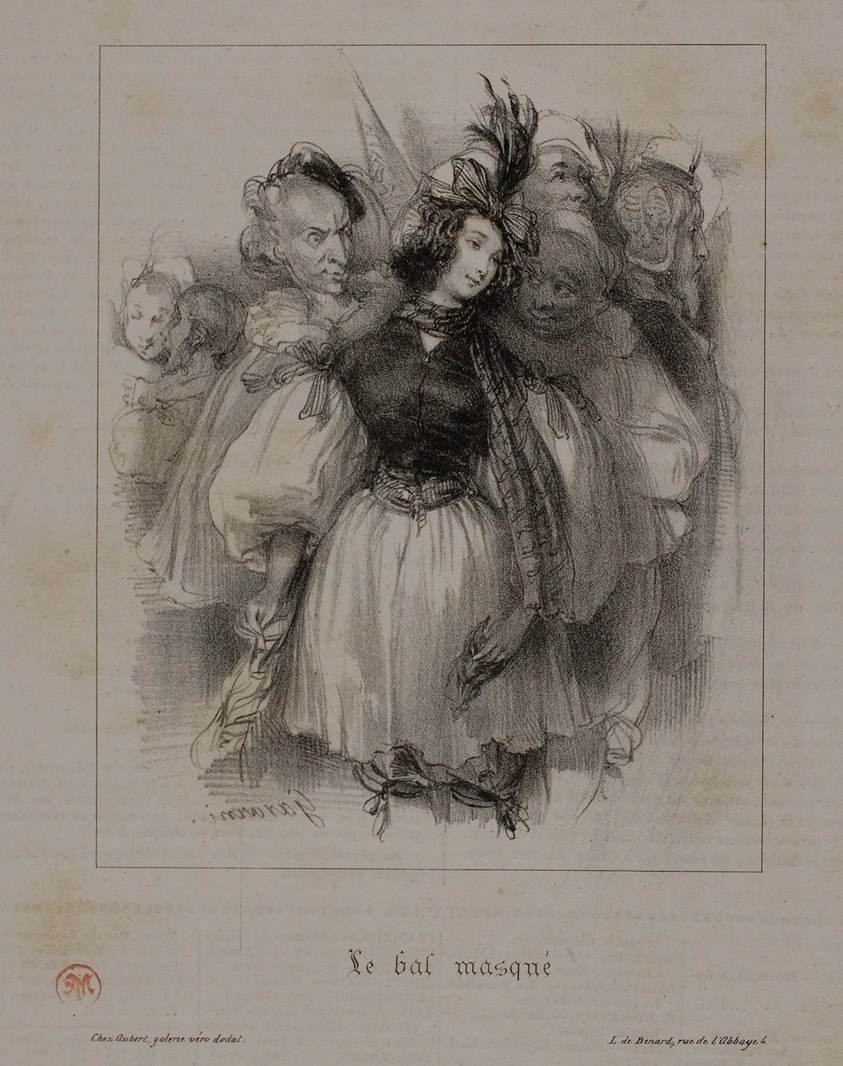 Lithograph of a masked ball showing a central woman in ornate costume surrounded by masked figures in social interaction.