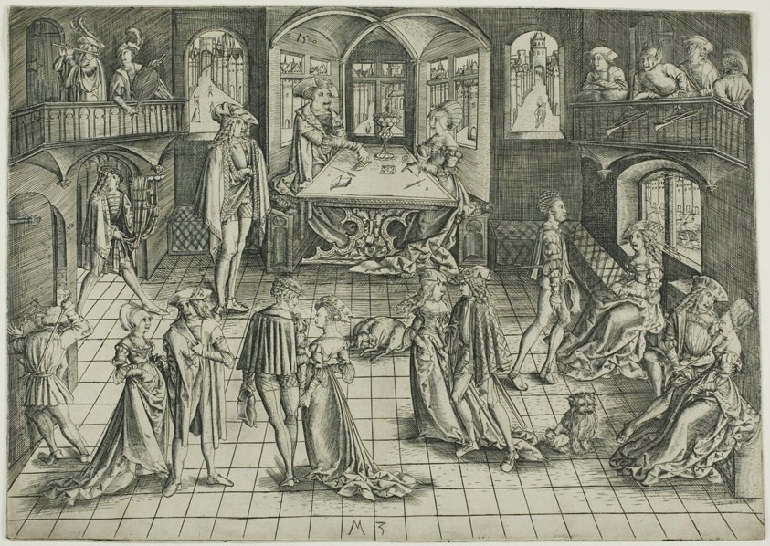 A formal Renaissance court ball in a vaulted hall with couples dancing in pairs while others dine and converse.