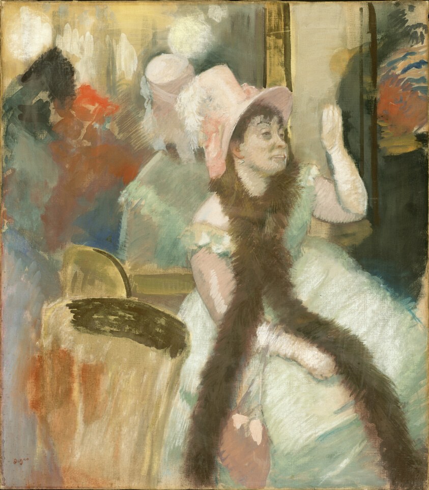 Woman in pale green dress and feathered hat seated in repose at a costume ball, with sketched figures in background.