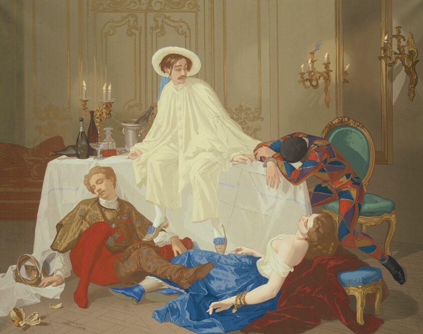 Three exhausted figures collapse in a gilt ballroom interior after a masked ball: a woman in white sprawled across a chair, a man slumped beside her, and a