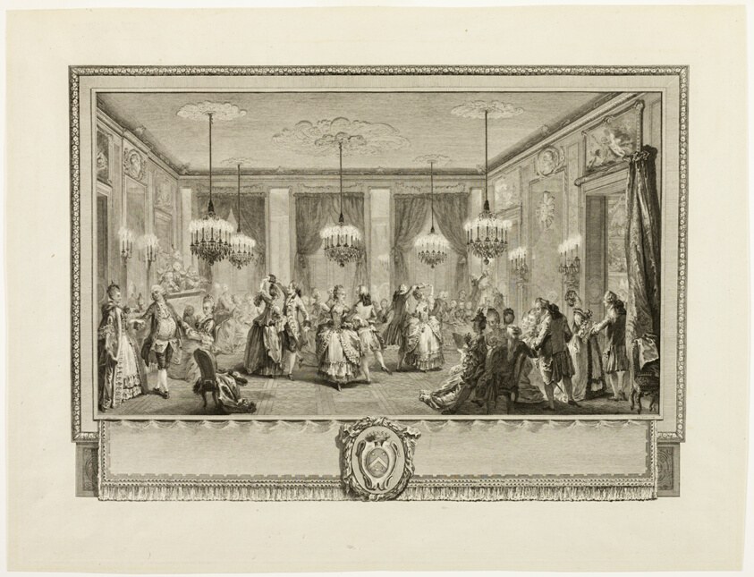 A crystal chandelier illuminates an eighteenth-century ballroom where an elegantly dressed couple dances in the center while spectators observe.