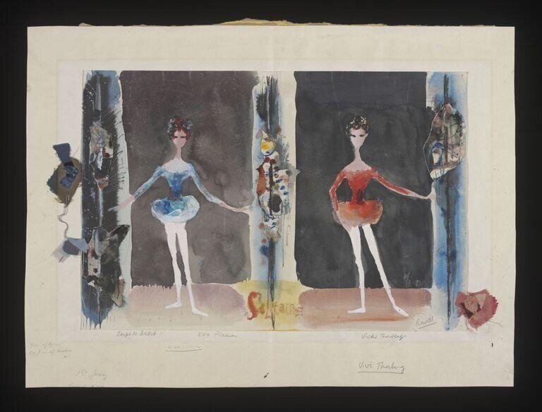 Two female ballet dancers in classical poses wearing contrasting blue and red tutus, rendered in watercolor with costume sketches at the margins.