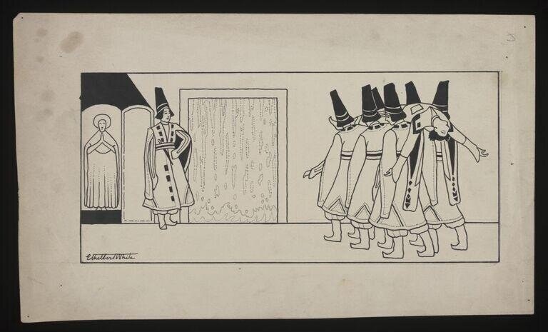 Illustration showing a tall figure gesturing toward a procession of five identically dressed figures in ornate headdresses and long robes.