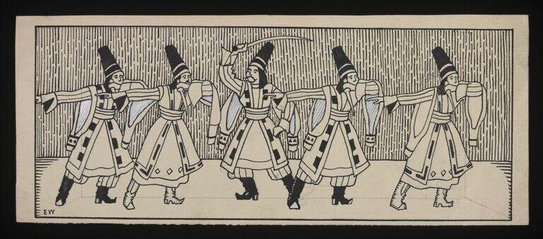 Five figures in tall plumed headdresses and decorated tunics stand in a line, each holding a large curved weapon, against a cross-hatched background.