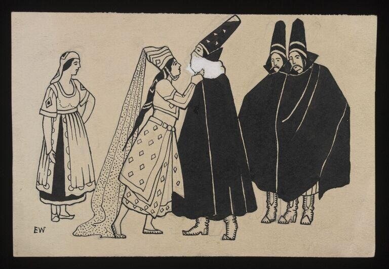 Five figures in ceremonial dress stand in frontal pose: a woman in draped cloth, a figure with tall patterned headdress holding an elaborate veil, and two