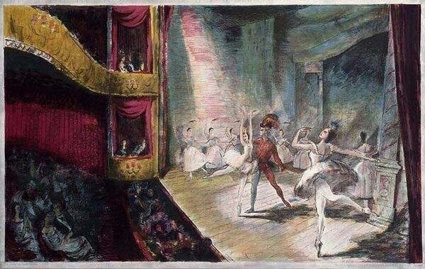 A male ballet dancer in a brown tunic leaps dramatically on a stage while female dancers in white tutus stand in classical positions around him.