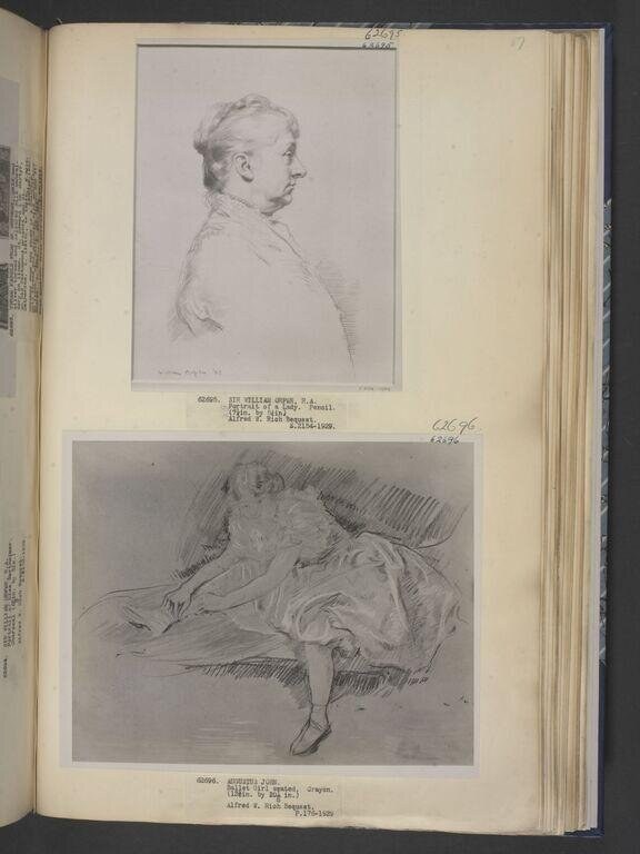 Two pencil sketches of a female ballet dancer: a portrait head in profile, and a full-length figure seated in a relaxed pose.