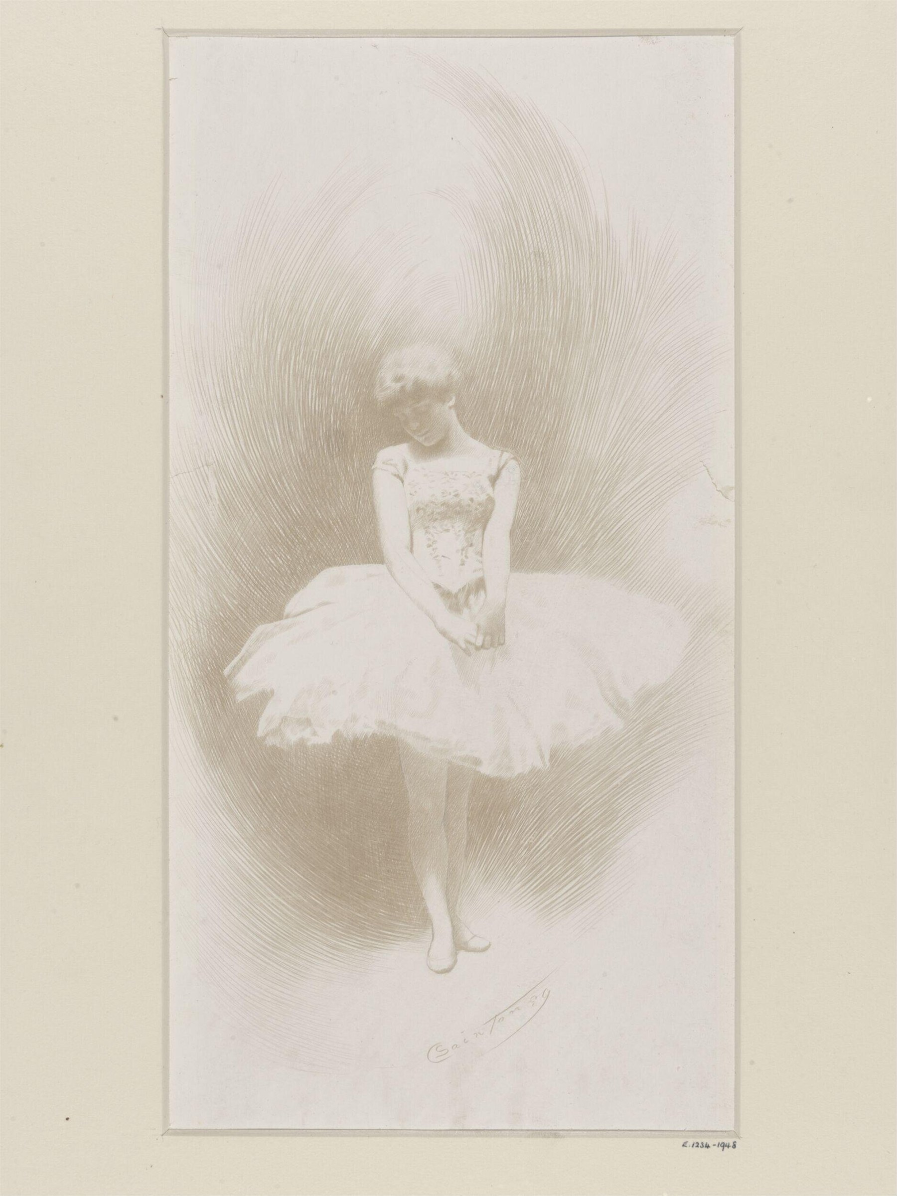 A young female ballet dancer in a white tutu and embroidered bodice, posed frontally against radiating circular lines.