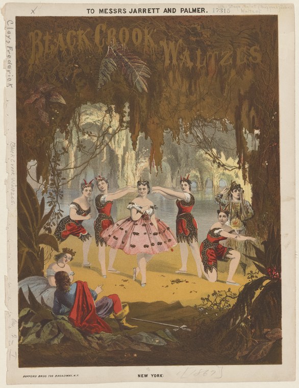 Five dancers in red and black costume surround a principal ballerina in pink tulle in a woodland grotto, with two figures reclining in the foreground.