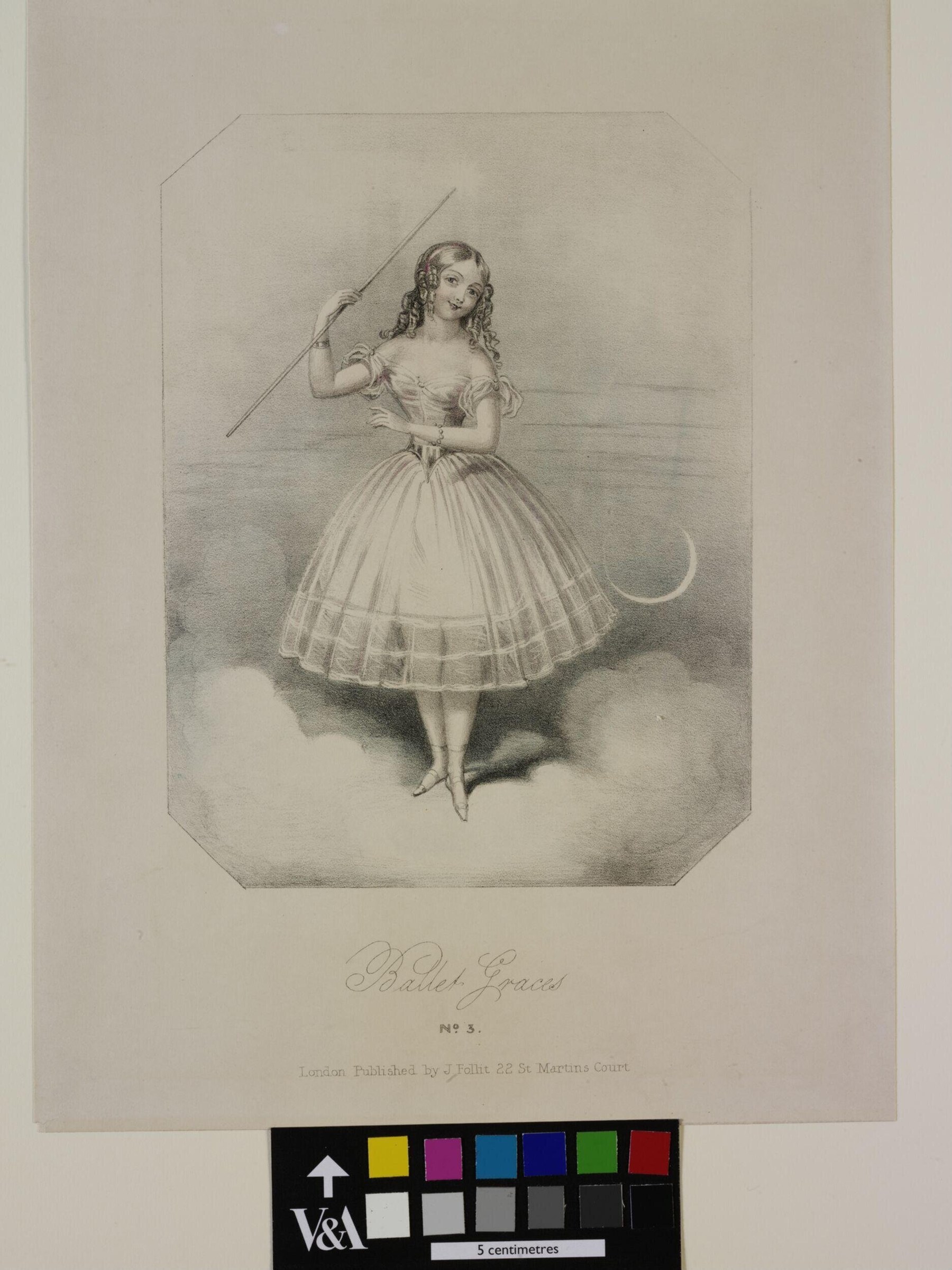 A young woman in a pale tulle ballet dress and ringlets, holding a long rod, stands on clouds against a misty gray background with a crescent moon.