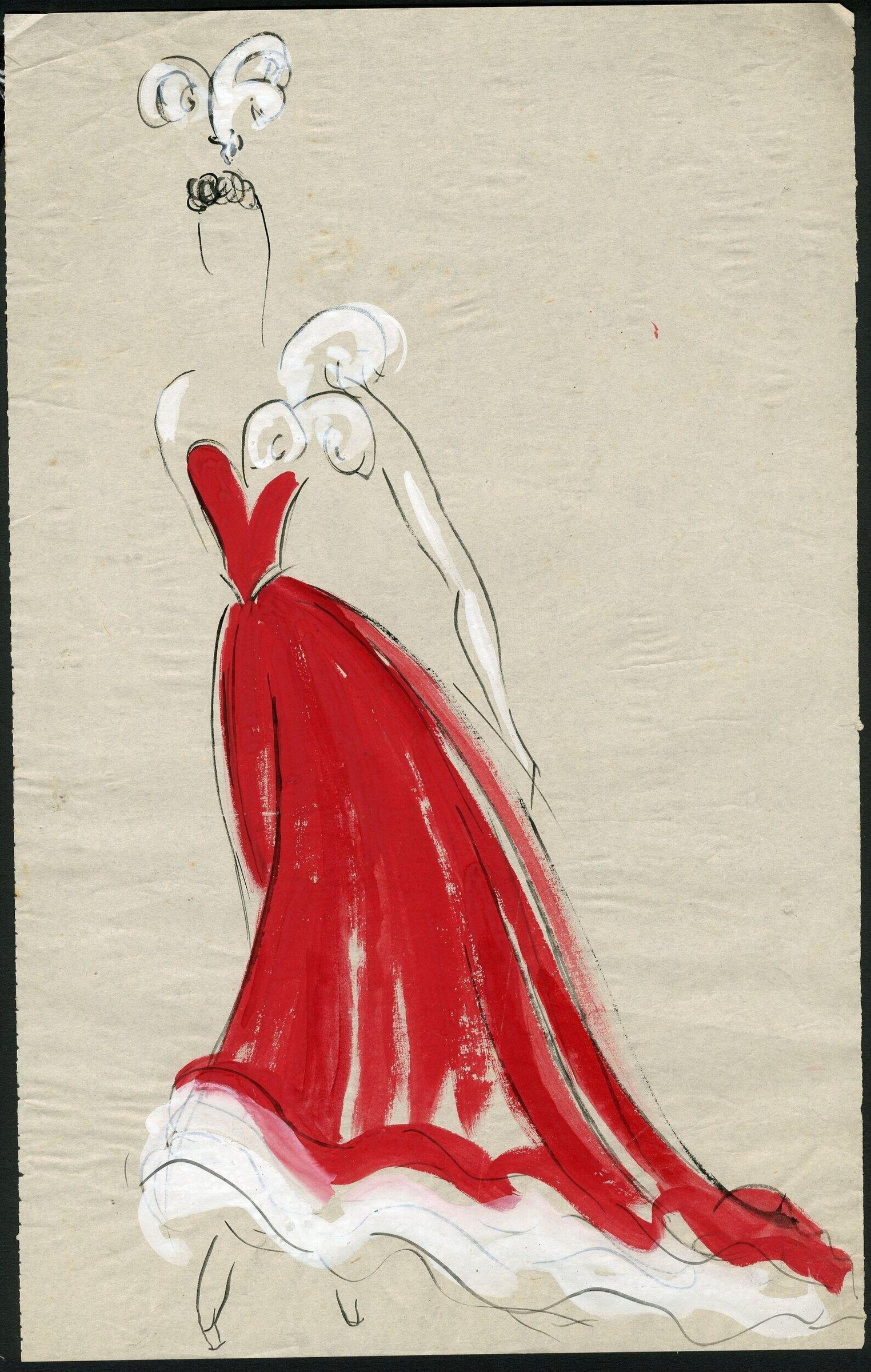 Costume design sketch of a dancer in a red evening gown with dramatic white V-neckline and long train, looking upward.