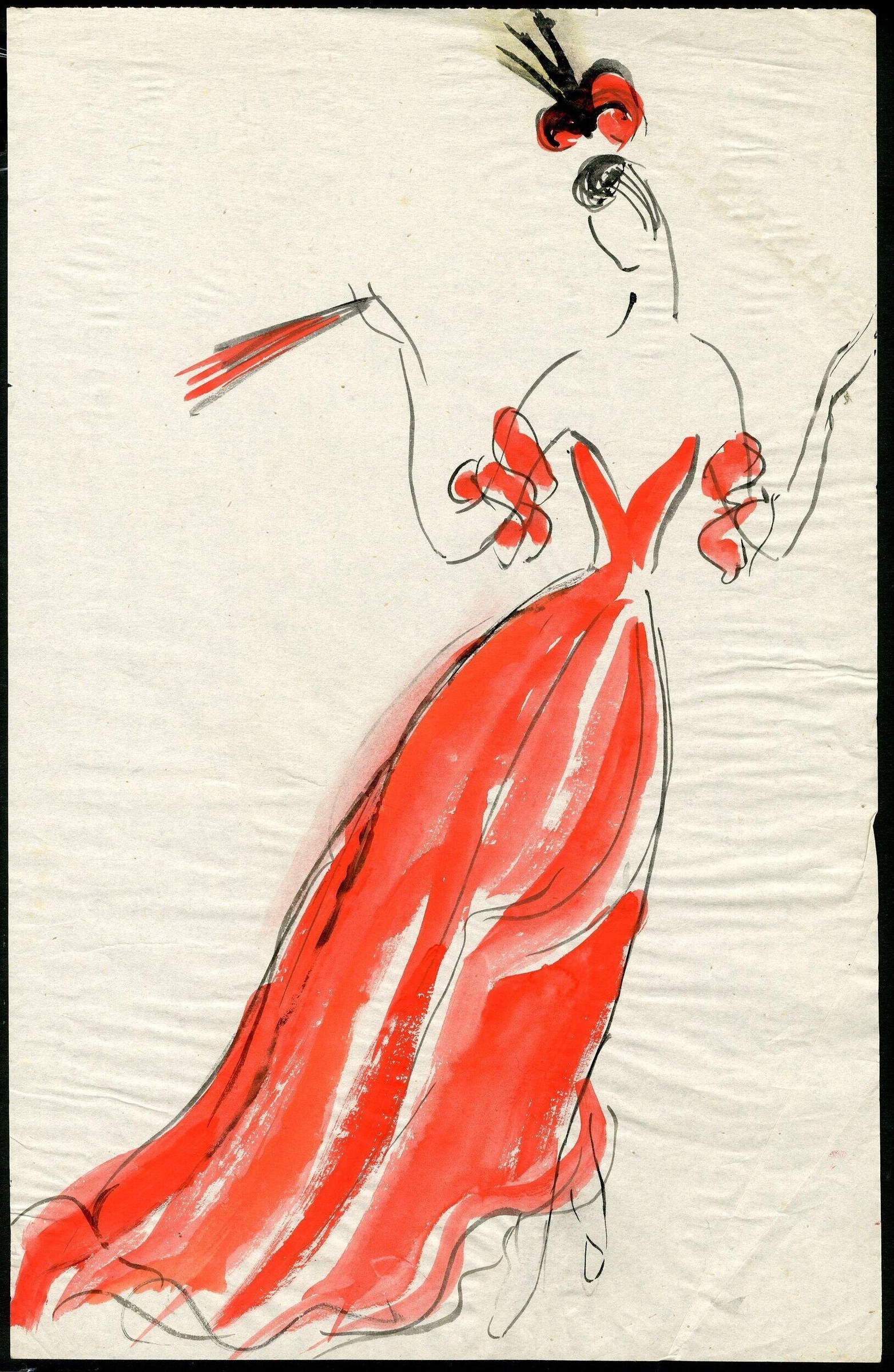 Ink and red wash costume design study of a tall figure in a flowing red gown, arms extended, head tilted back.