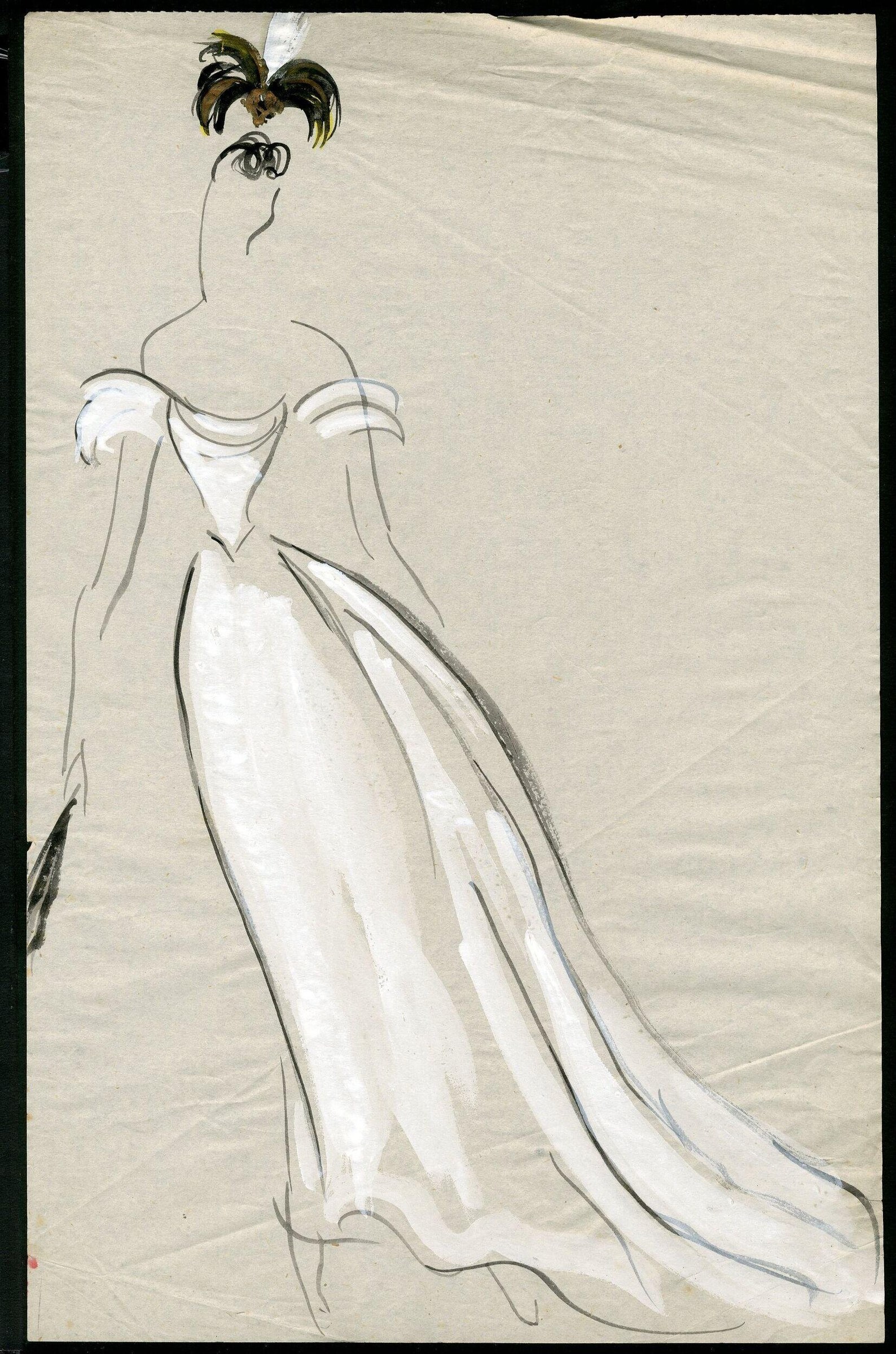 Pencil and wash costume design showing a standing woman in a pale strapless gown with long train and an ornate dark headdress.