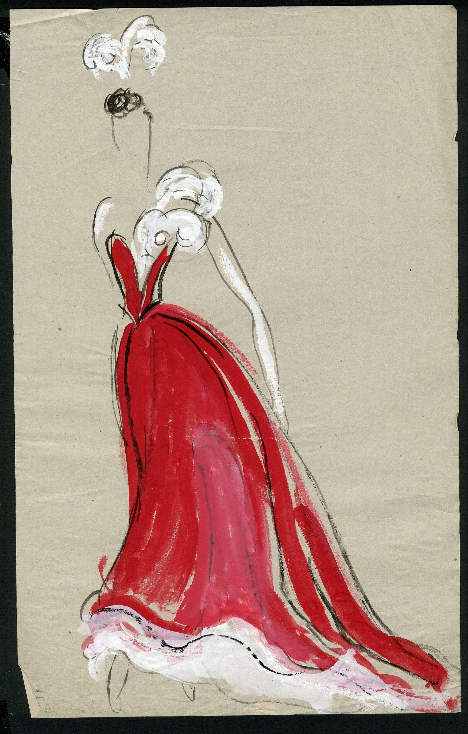 Costume design sketch of a female dancer in a dramatic red gown with white fur trim and pale headdress, with two alternative head studies above.