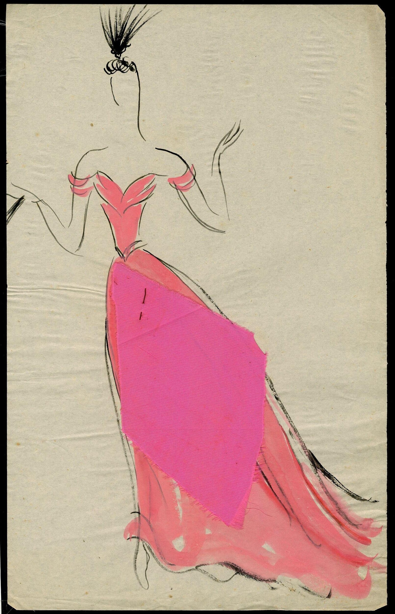 Costume design sketch: a balletic figure in elongated pose wearing a fitted bodice and voluminous pink tutu against cream paper.