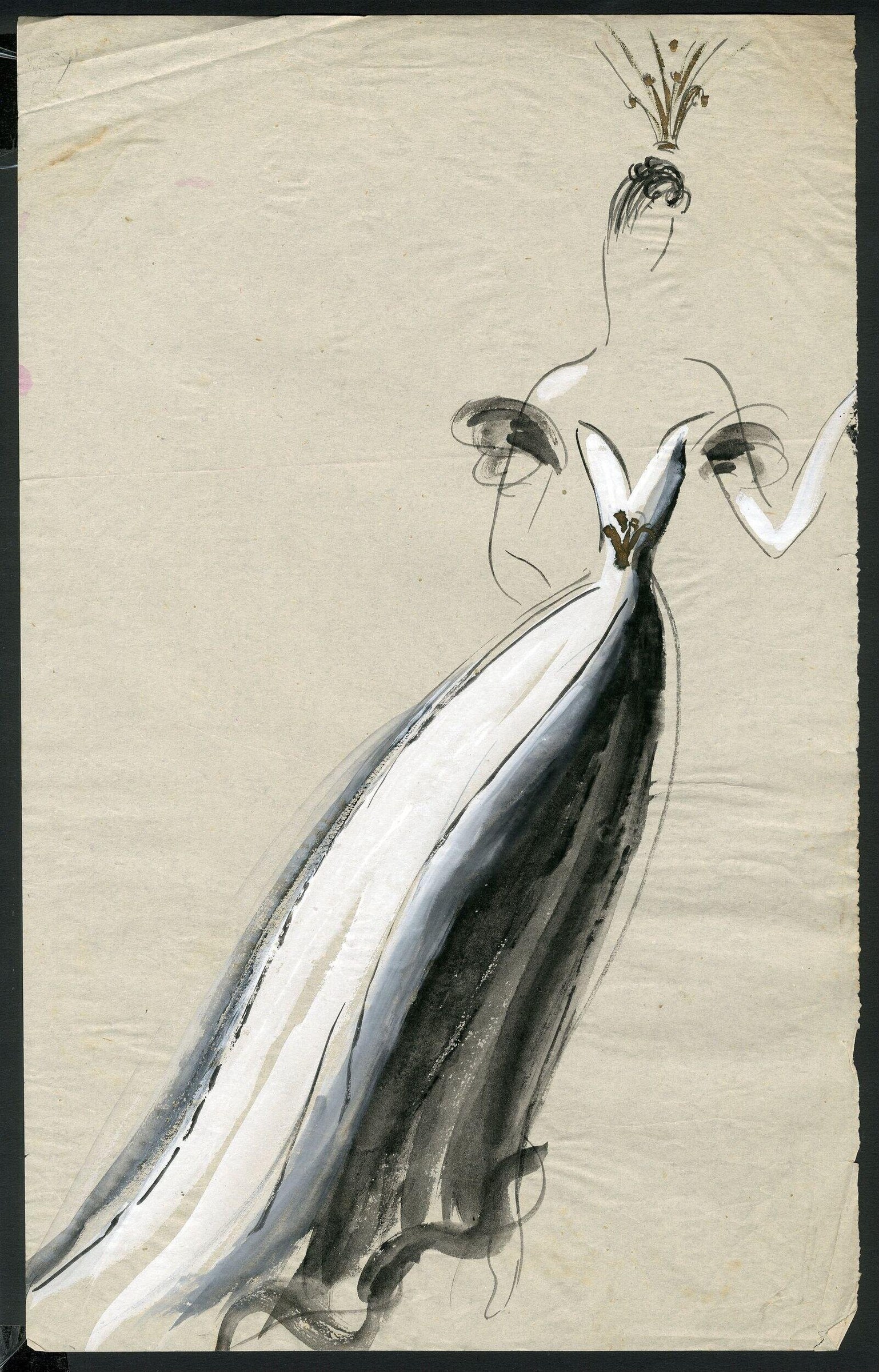A female dancer in an elegant white and charcoal flowing gown, arms extended upward, drawn with fluid lines and watercolor wash.