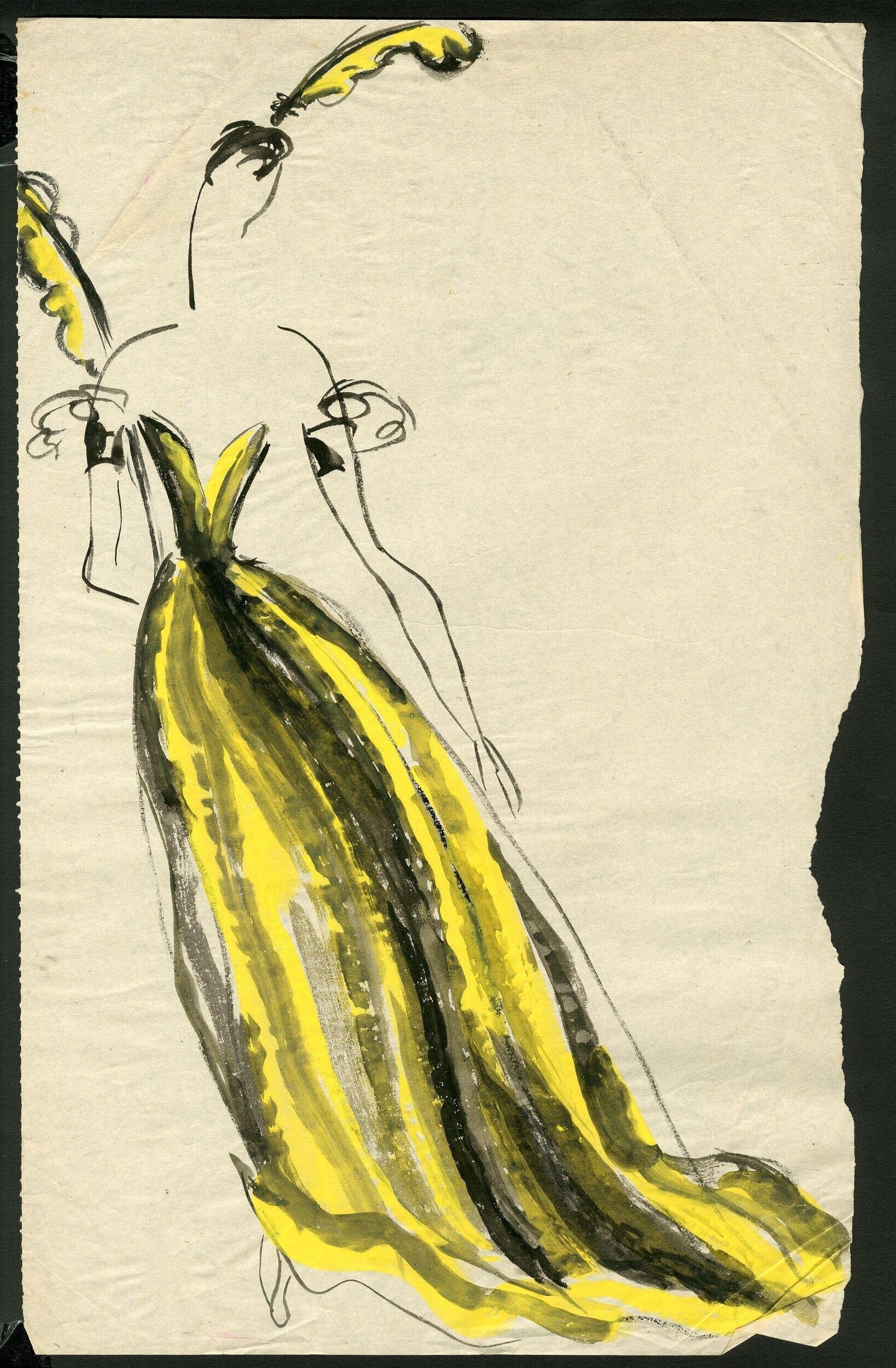 Elongated figure in flowing yellow gown with black striations, thin pen-line body with antennae-like appendants rising from head.