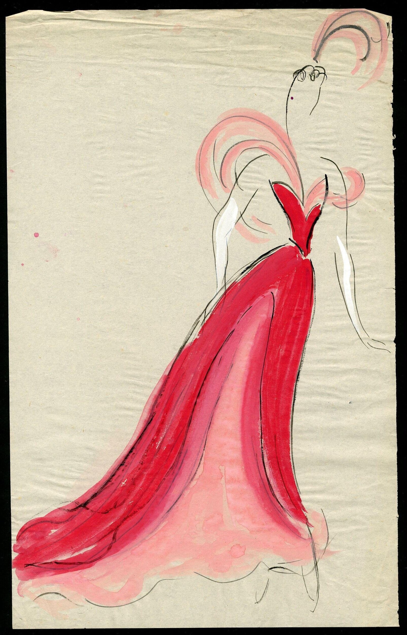 Ink and watercolor design of a female dancer in a red gown with extended train, head tilted back, back arched in an arabesque-like pose.