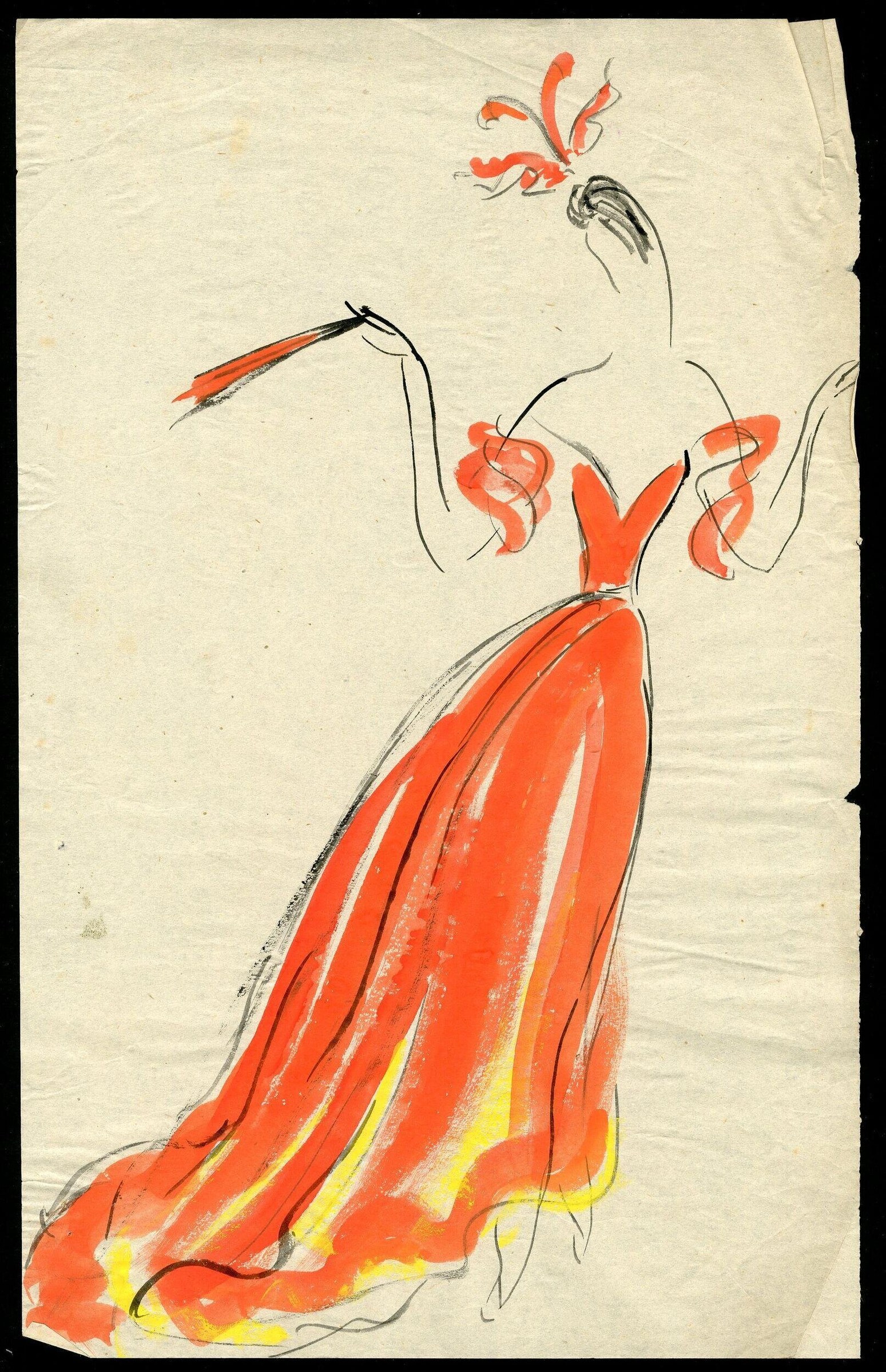 Watercolor costume sketch showing a dancer in a voluminous red-orange gown with four flowering stems emerging from the neckline.