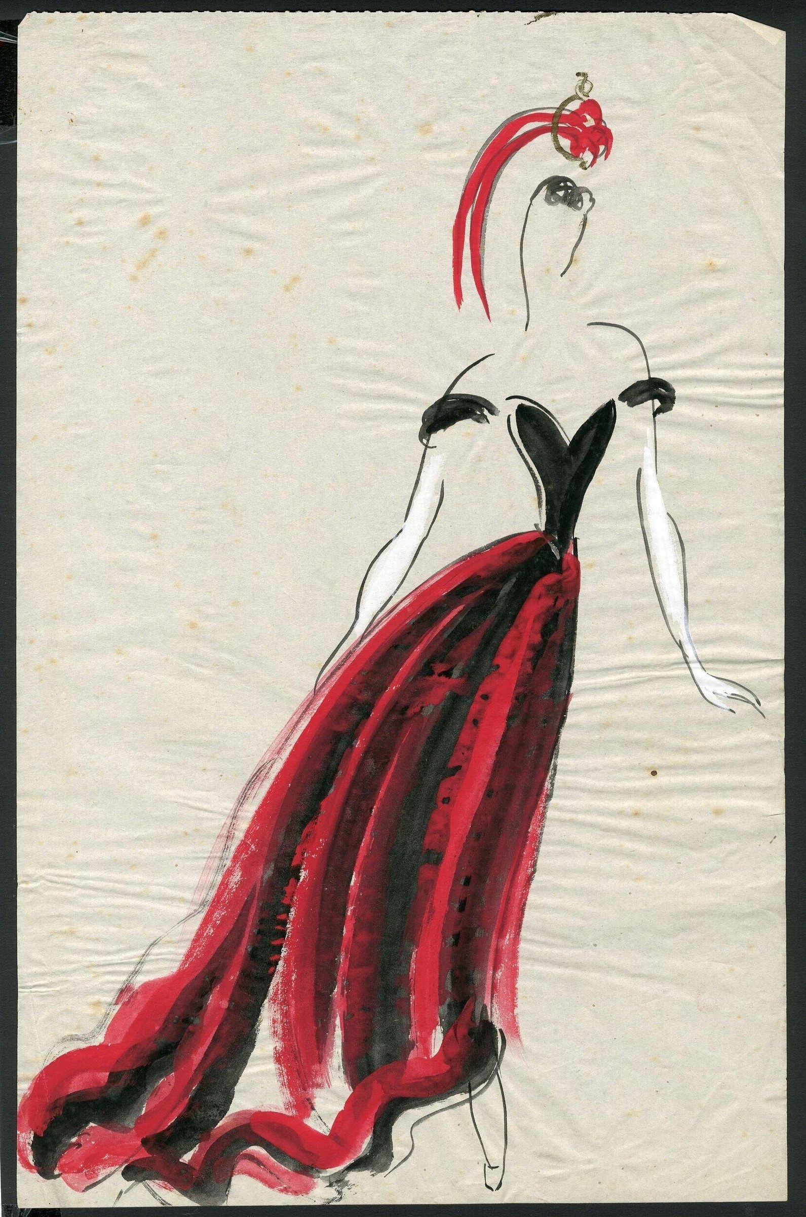 Fashion sketch of a female dancer in a red and black skirt, head tilted back, arms extended, rendered in watercolor and ink.