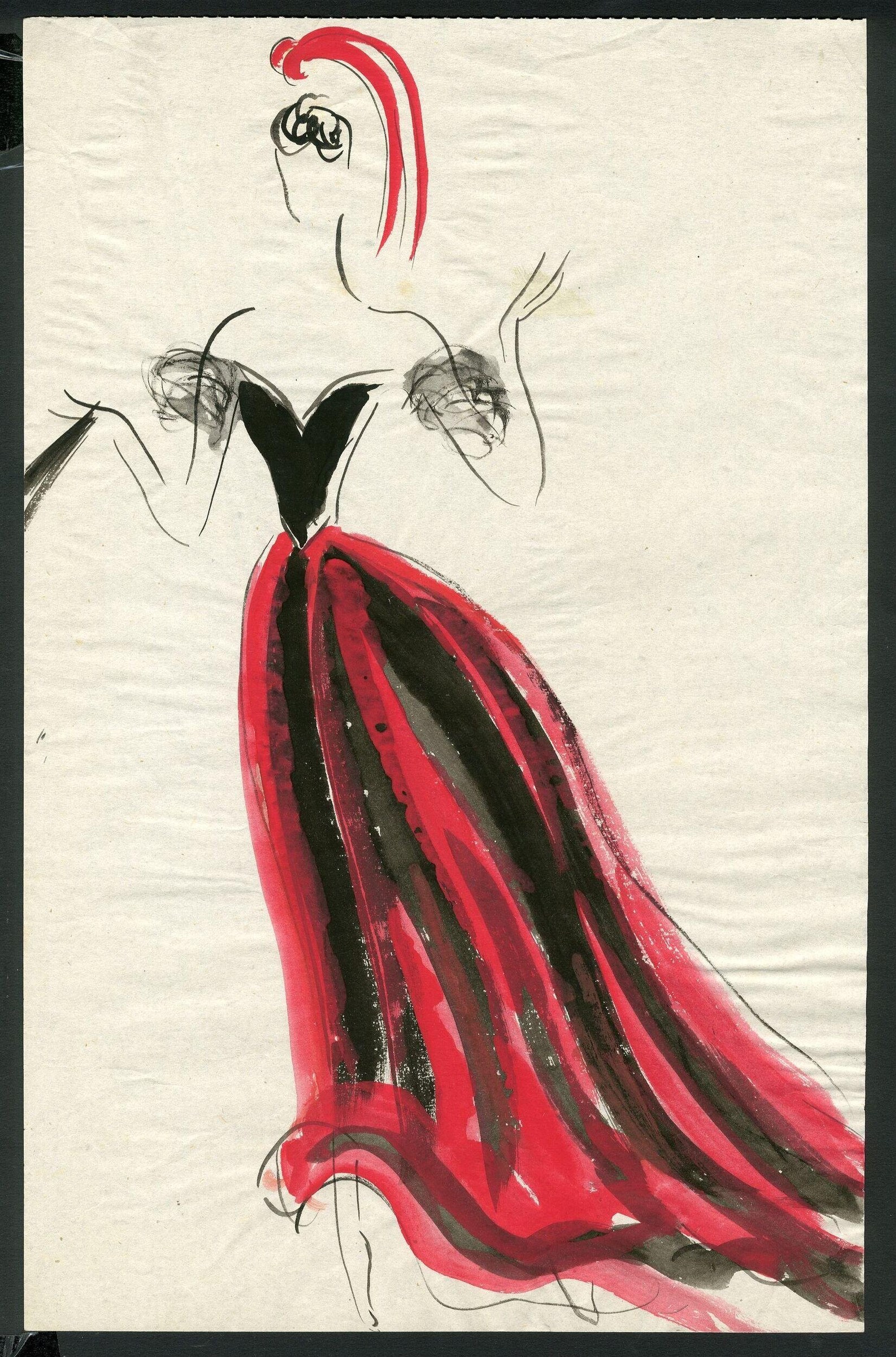 Costume design sketch of a dancer in a black bodice and sweeping red skirt, arms extended, hair rendered in red.